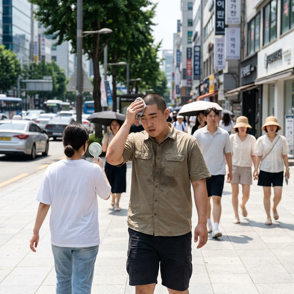 뜨거운 햇볕 아래 땀을 닦으며 걷는 사람들의 여름 풍경