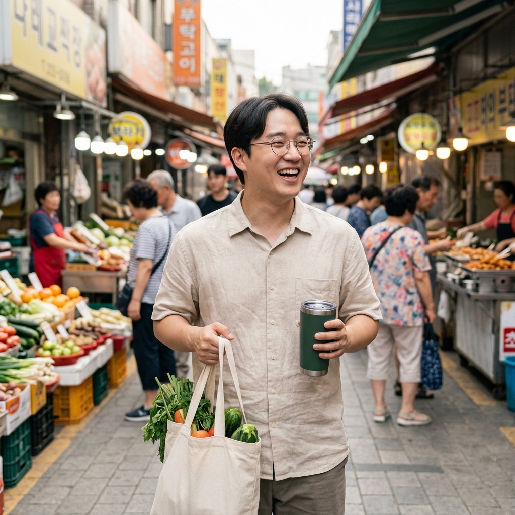 장바구니와 텀블러를 들고 밝게 웃는 사람의 모습
