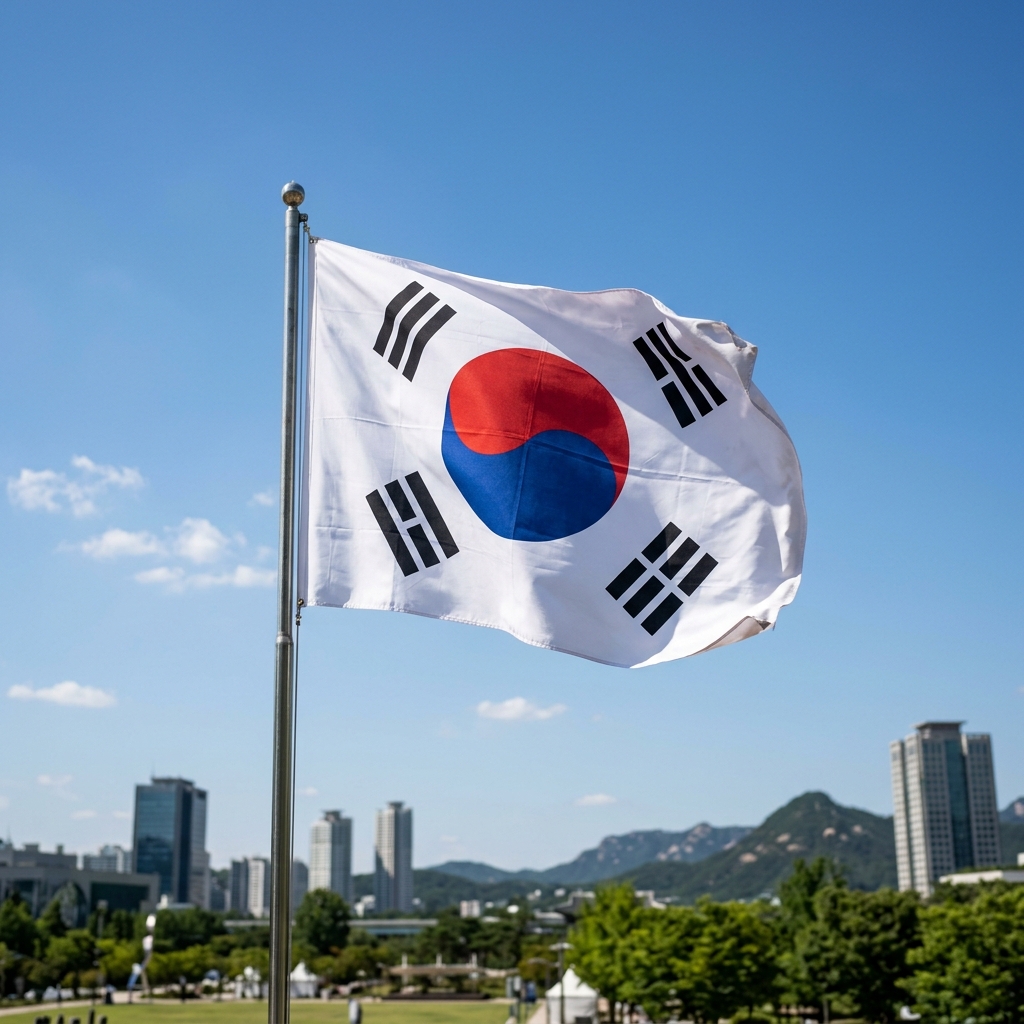 푸른 하늘 아래 태극기가 바람에 펄럭이는 모습