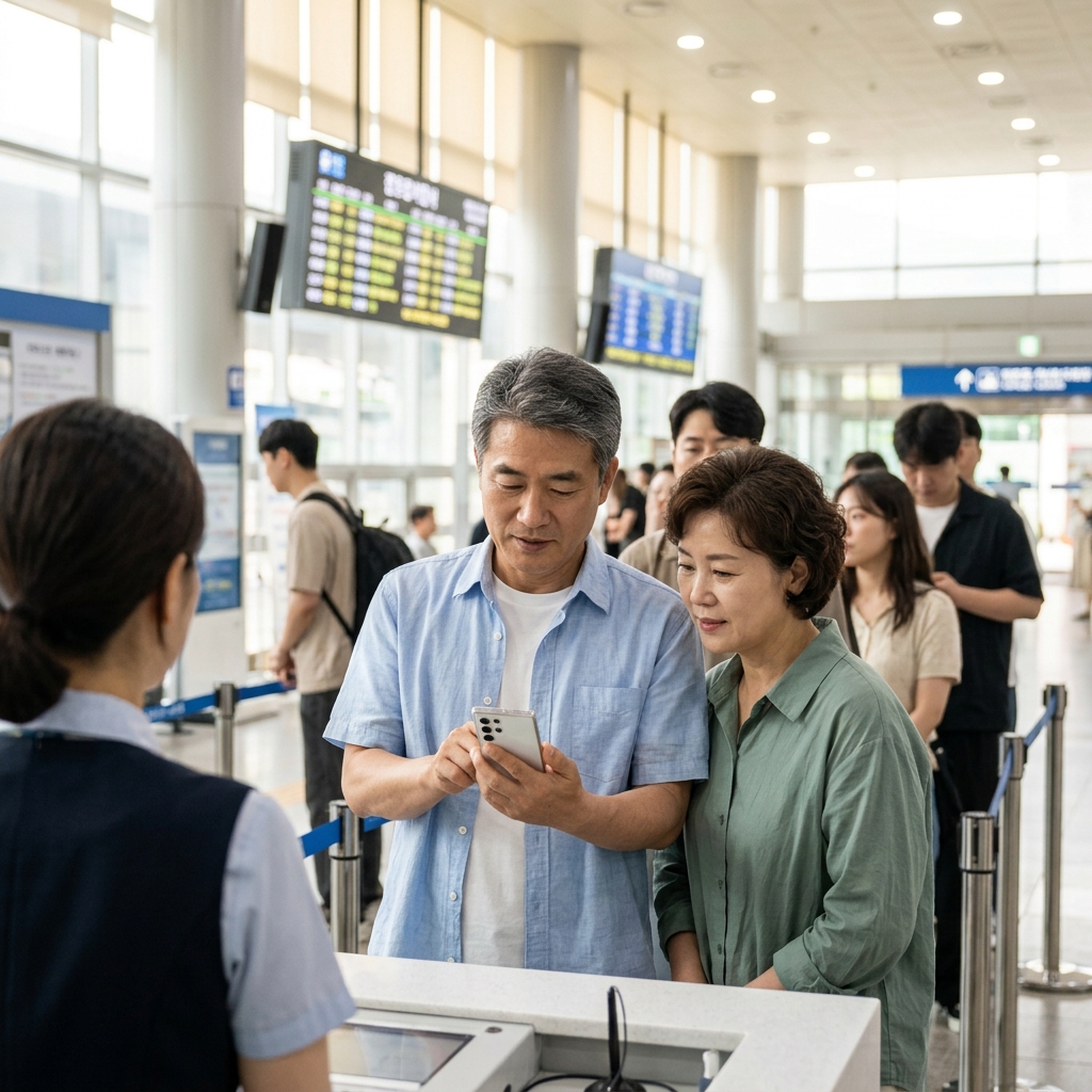기차역 승차권 발매창구 앞 대기줄에서 스마트폰으로 예매 화면을 보고 있는 중장년 남성과 여성, 밝은 실내 조명