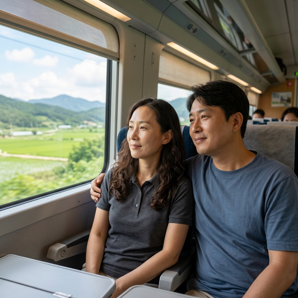 KTX 객실 내부에서 창밖 풍경을 바라보며 안도하는 표정의 중년 부부, 자연광