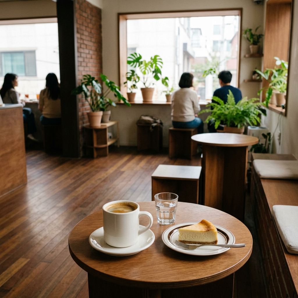 깔끔하고 감성적인 인테리어의 한국 카페 내부, 따뜻한 조명 아래 테이블 위에 놓인 아메리카노와 디저트 플레이트, 배경에 창가 좌석과 식물 장식이 보이는 분위기