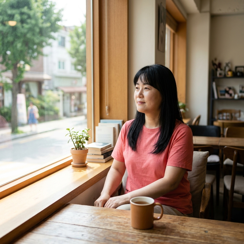 창가에 혼자 앉아 조용히 쉬고 있는 모습