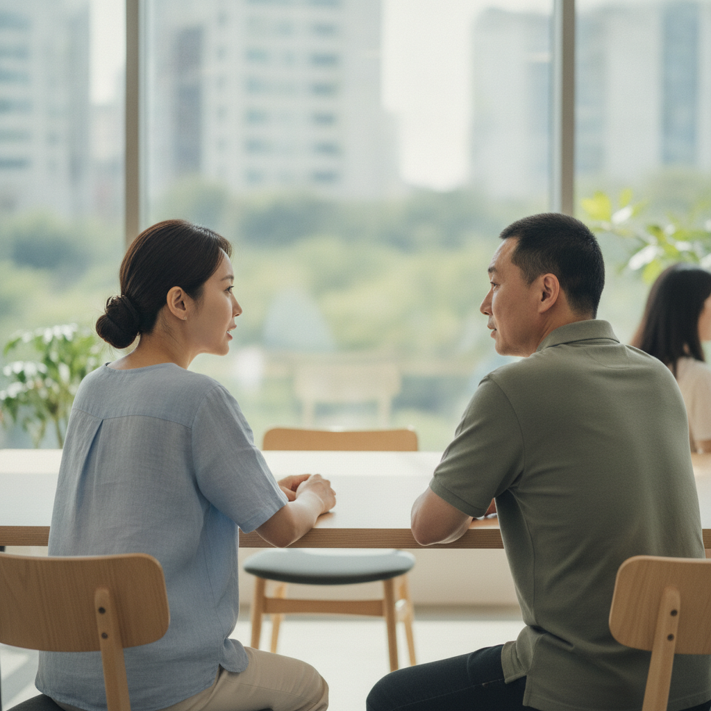 바른 자세로 앉아 차분하게 대화하는 사람의 모습