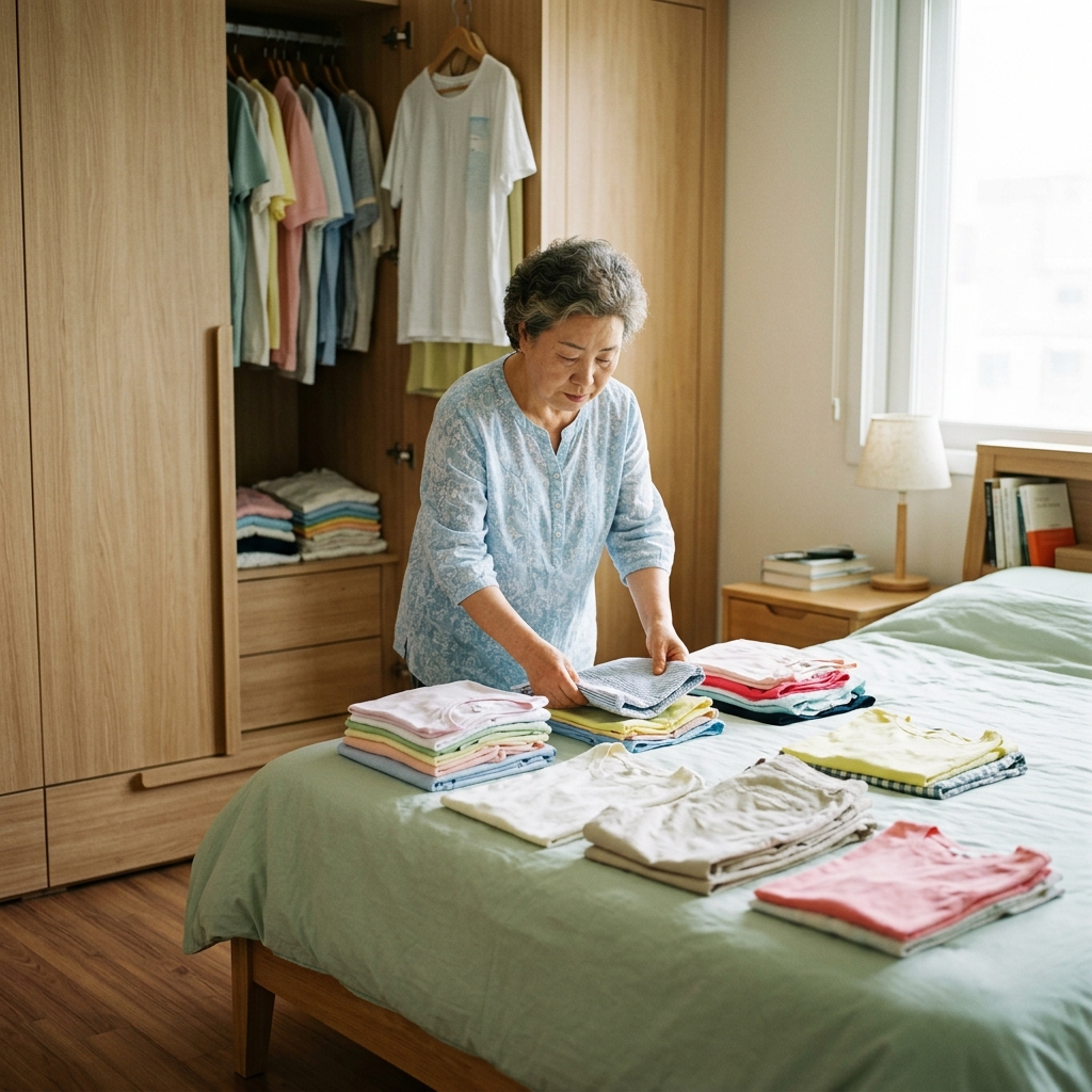 70대 여성이 침실 옷장 앞에서 여름옷을 꺼내 침대 위에 펼쳐놓고 분류하는 모습, 자연광이 들어오는 실내
