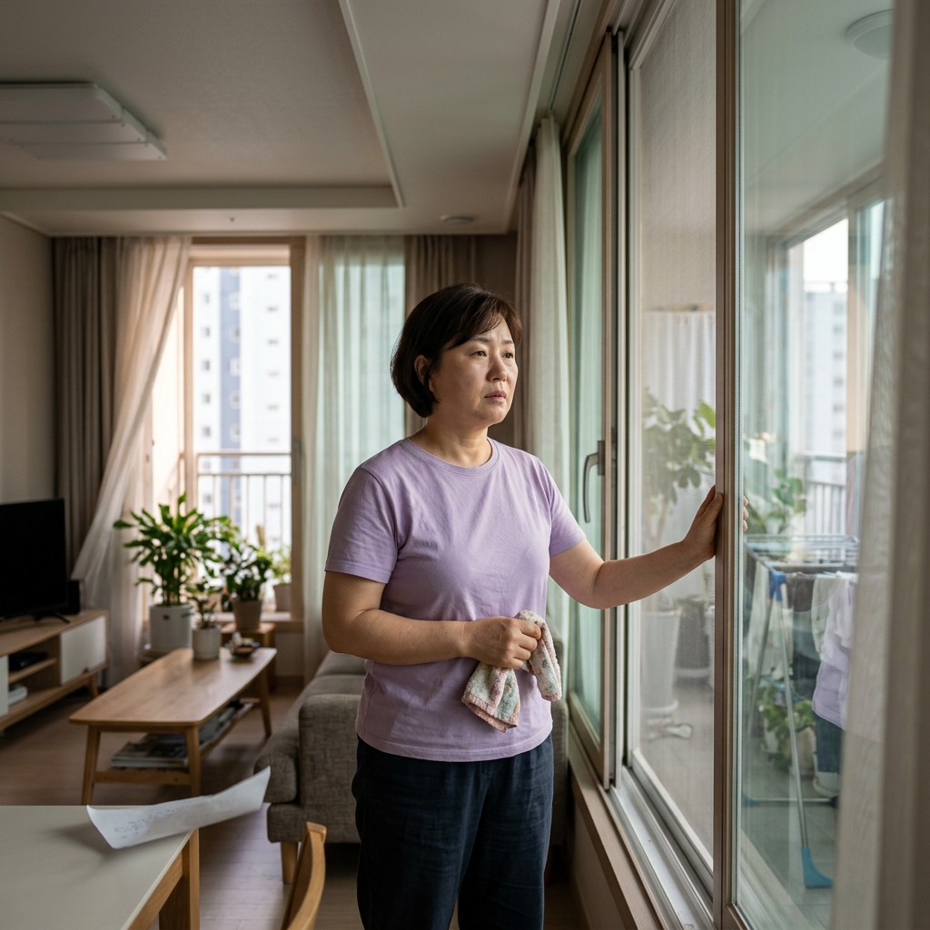 반팔 셔츠를 입은 60대 남성이 거실 창문과 맞은편 베란다 문을 함께 열어 바람이 통하는 실내 장면