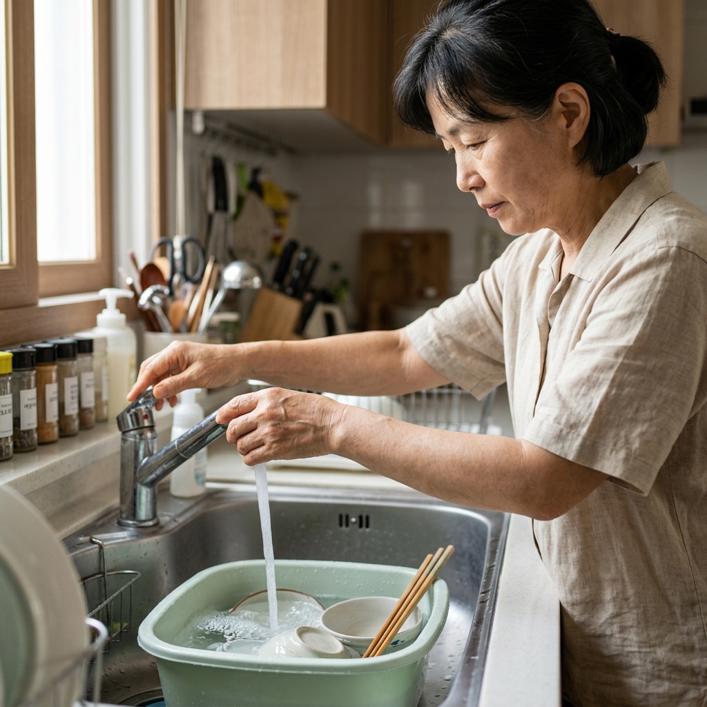 여름철 주방 싱크대에서 흐르는 물을 받아 설거지 준비를 하는 중장년 여성의 손