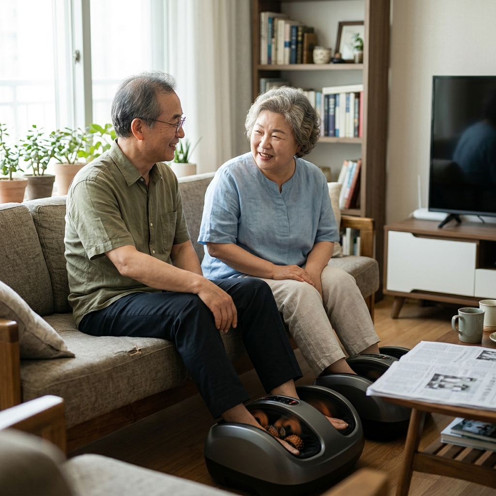 60대 부모님이 거실 소파에 앉아 발마사지기를 함께 사용하며 편안하게 대화하는 모습, 밝은 실내 조명, 따뜻한 색감의 얇은 셔츠 착용