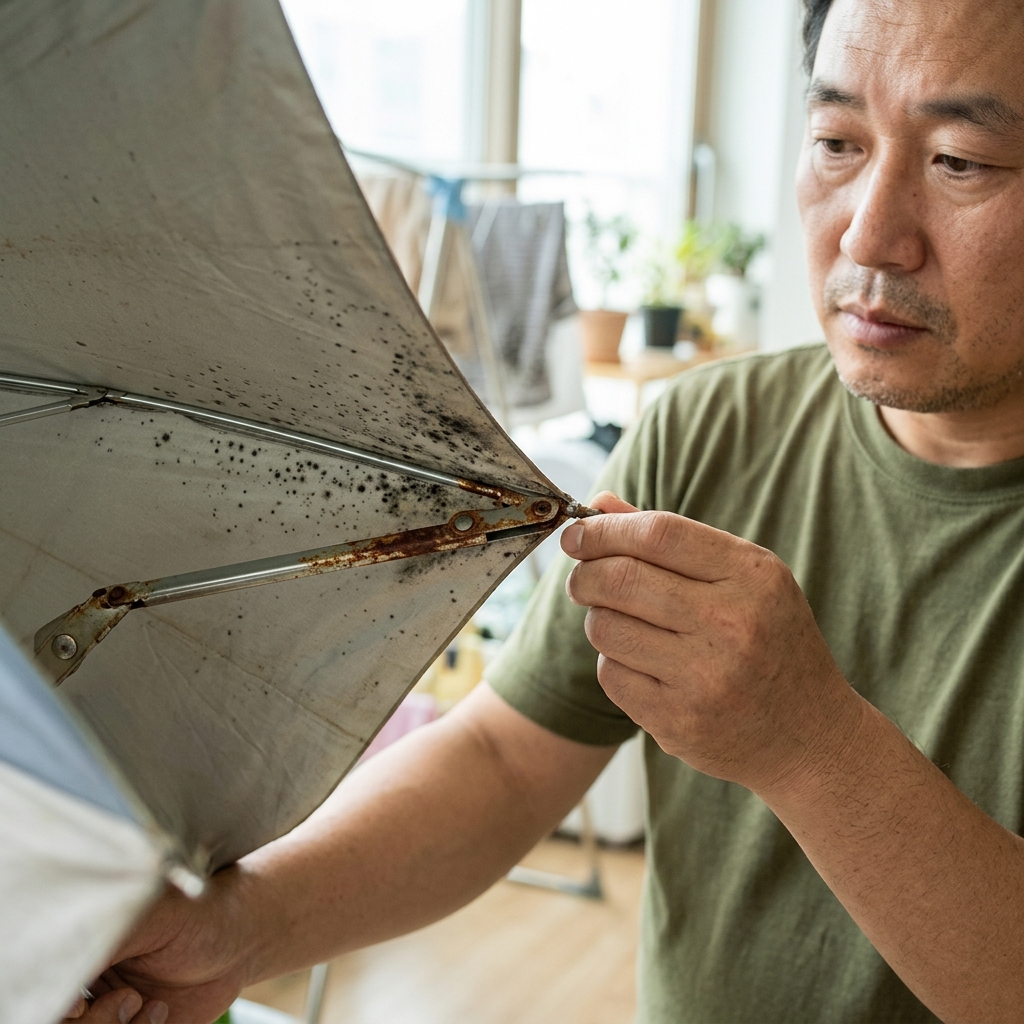 우산 안쪽 천의 검은 곰팡이와 살대 녹 부분 확대 장면