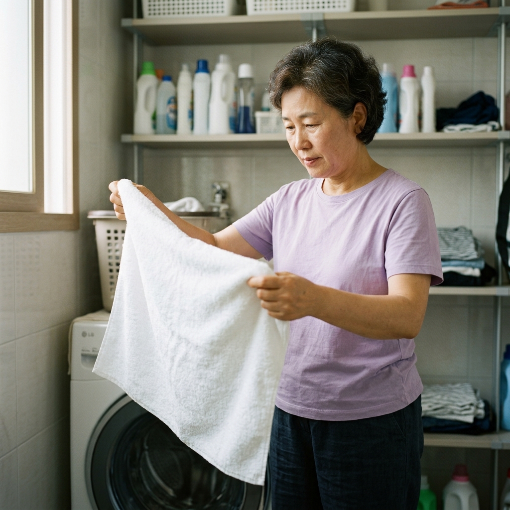 중년 여성이 세탁기에서 꺼낸 흰 수건을 펼쳐 들고 상태를 확인하는 장면, 반팔 티셔츠 착용, 실내 세탁실 배경