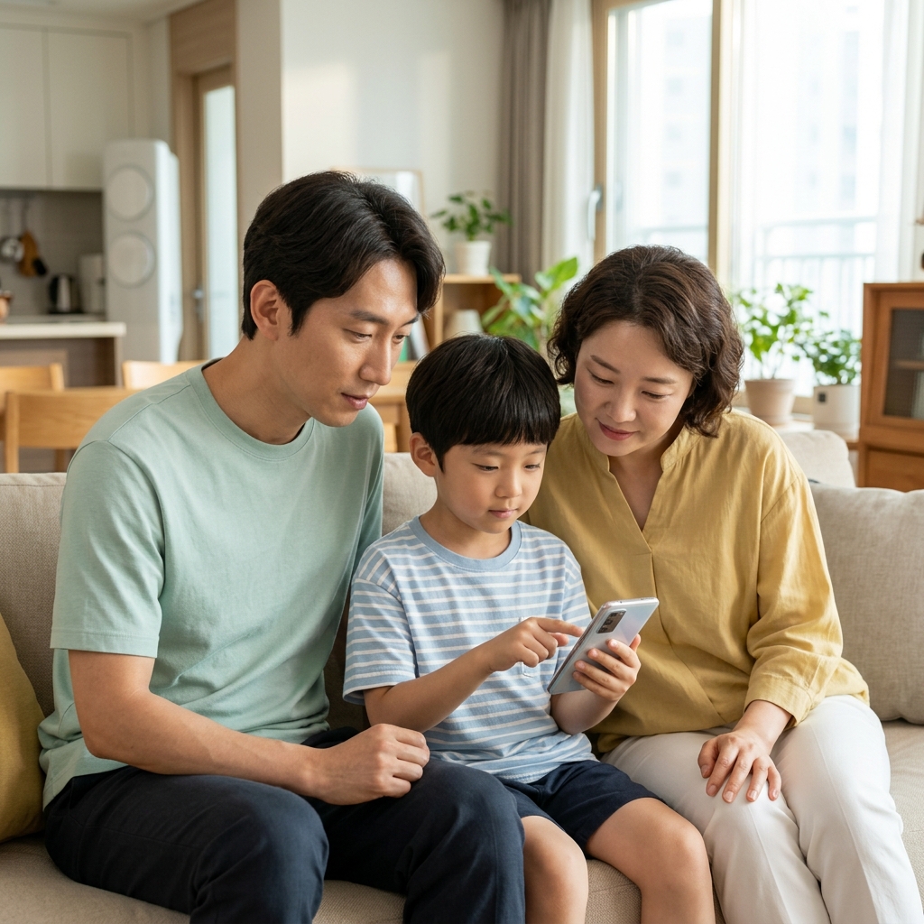 거실 소파에 앉아 부모와 함께 휴대폰 화면을 보며 사용 시간 기록을 확인하는 초등학생 아이의 모습, 자연광이 들어오는 실내 배경
