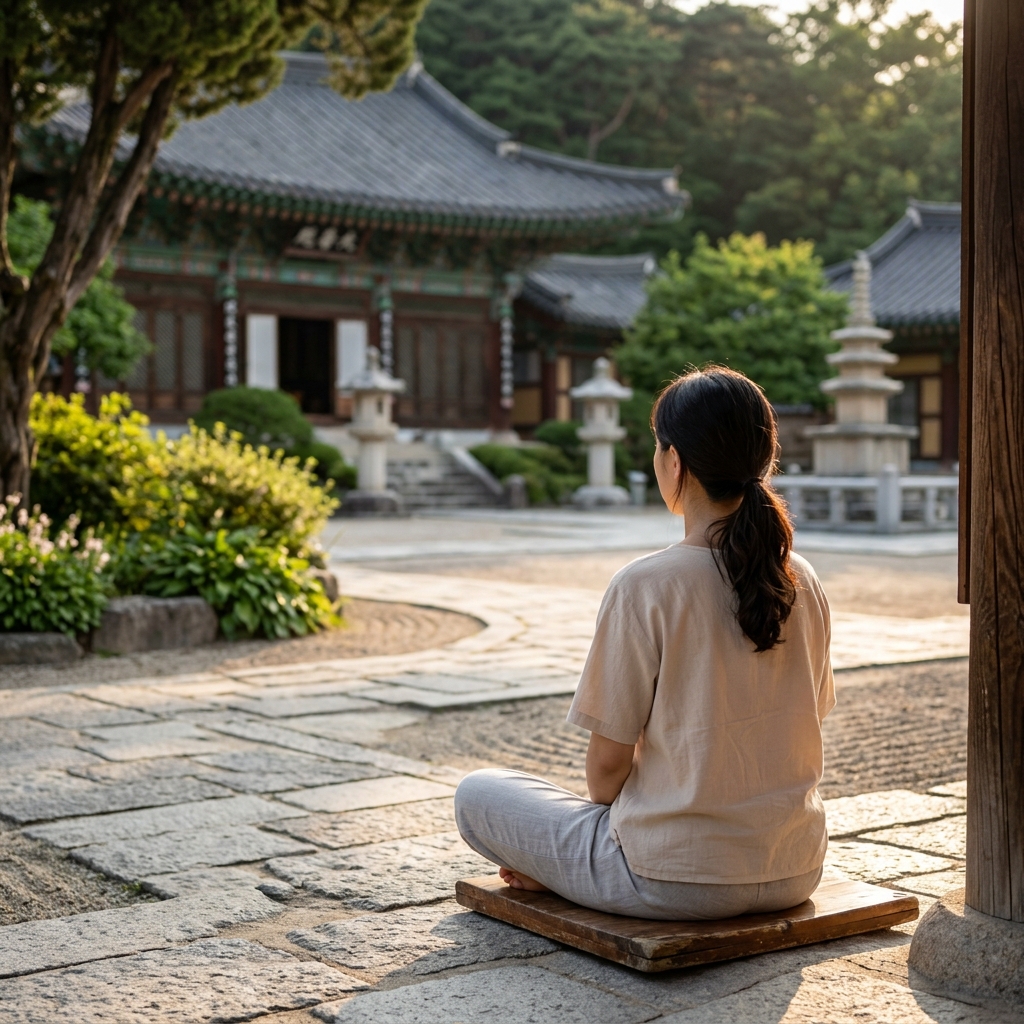 조용한 산사 마당에서 명상하는 젊은 한국인 여성의 뒷모습, 따뜻한 오후 햇살
