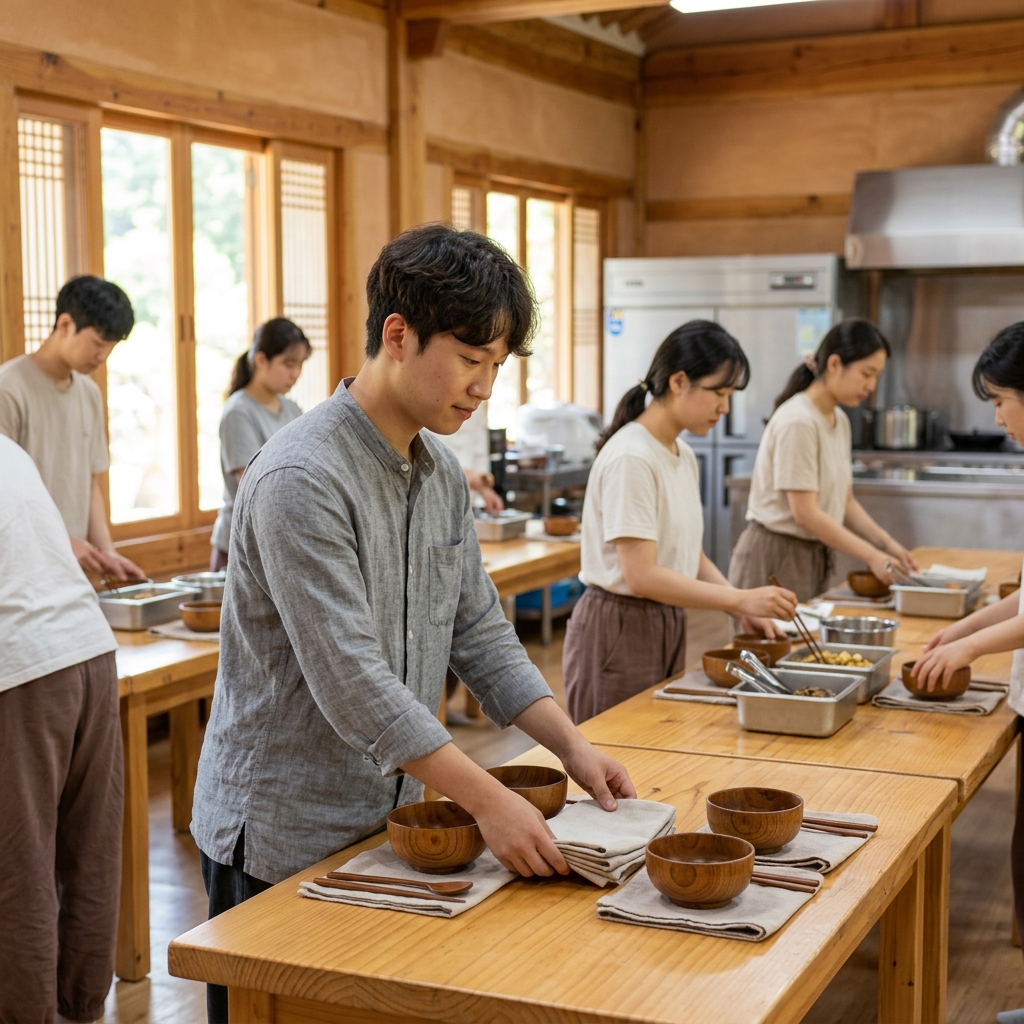 사찰 공양간에서 발우공양을 준비하는 젊은 한국인 참가자들, 자연광이 들어오는 실내