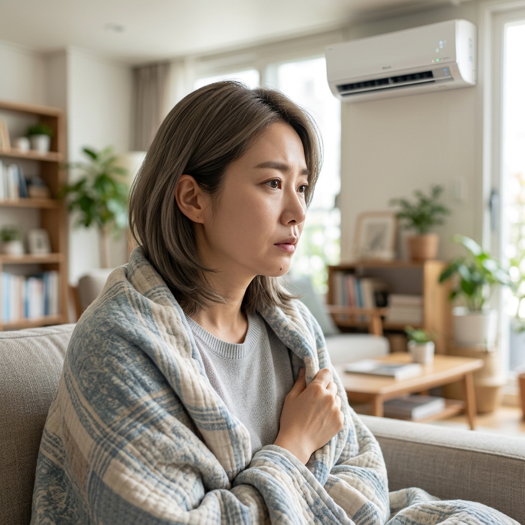 에어컨 바람을 맞으며 담요를 덮고 있는 사람