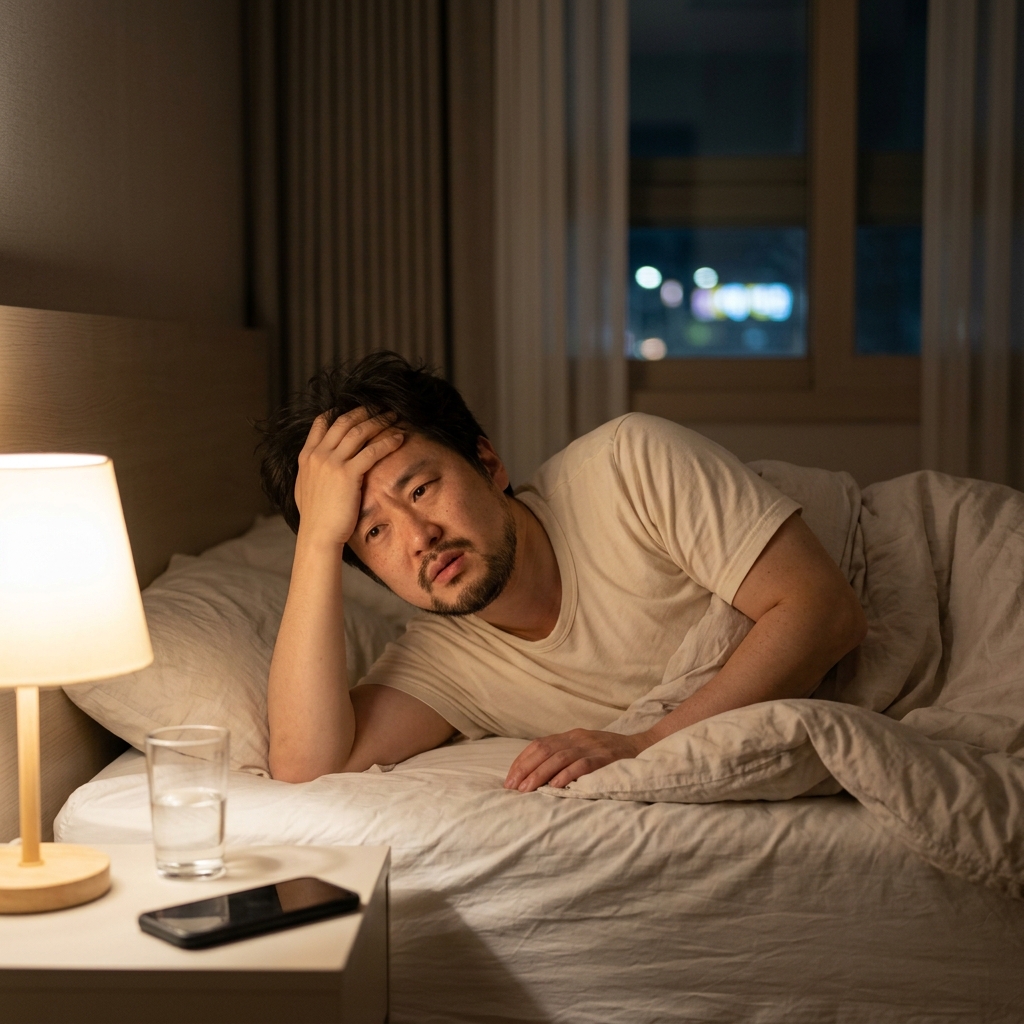 스트레스로 인한 불면증으로 침대에서 잠들지 못하고 뒤척이는 모습