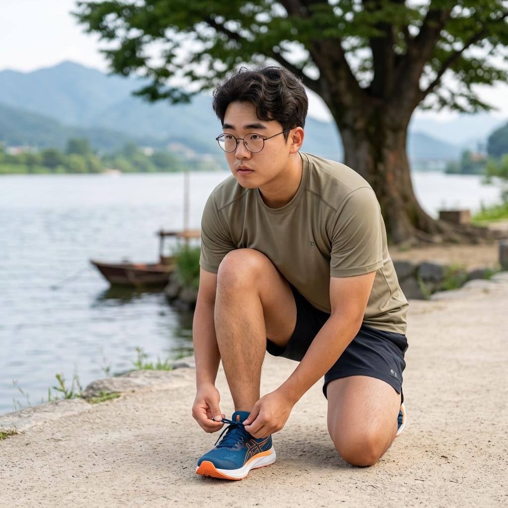 두물머리 강변에서 러닝화 끈을 고쳐 묶는 한국인 여성 러너