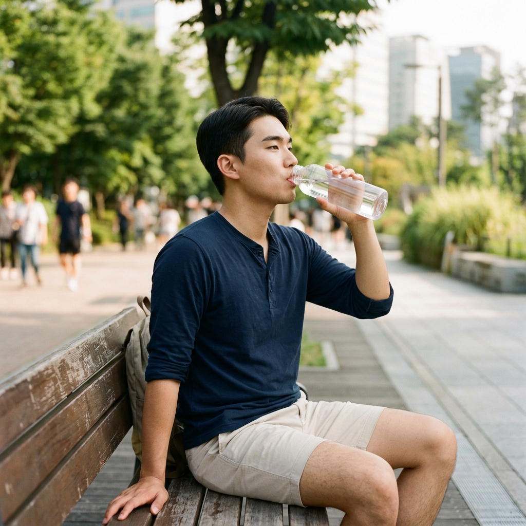 물병을 들고 수분을 보충하는 모습
