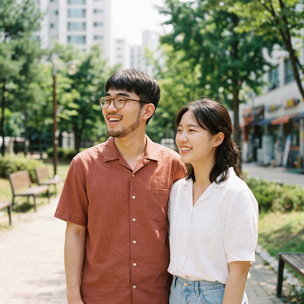 커플이 나란히 서서 같은 방향을 바라보며 웃는 장면