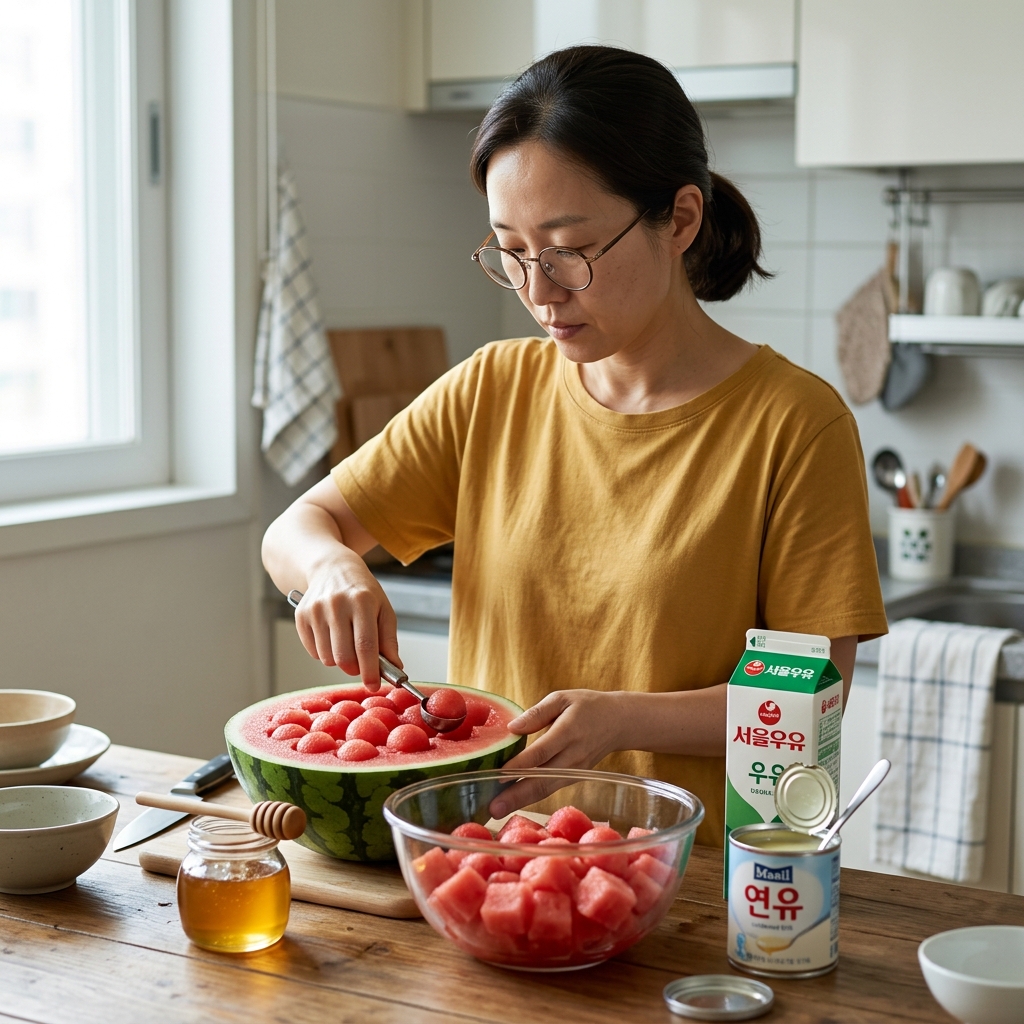 수박화채 재료인 수박과 꿀, 연유, 우유가 함께 놓인 모습