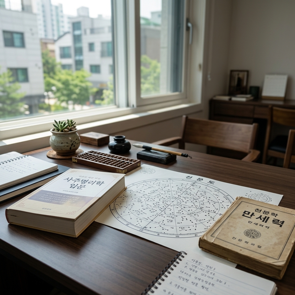 사주 명리학 관련 책과 천문도가 놓인 책상