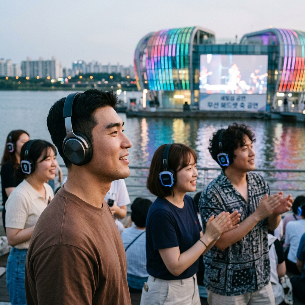 세빛섬 앞에서 무선 헤드셋을 착용하고 공연을 즐기는 사람들