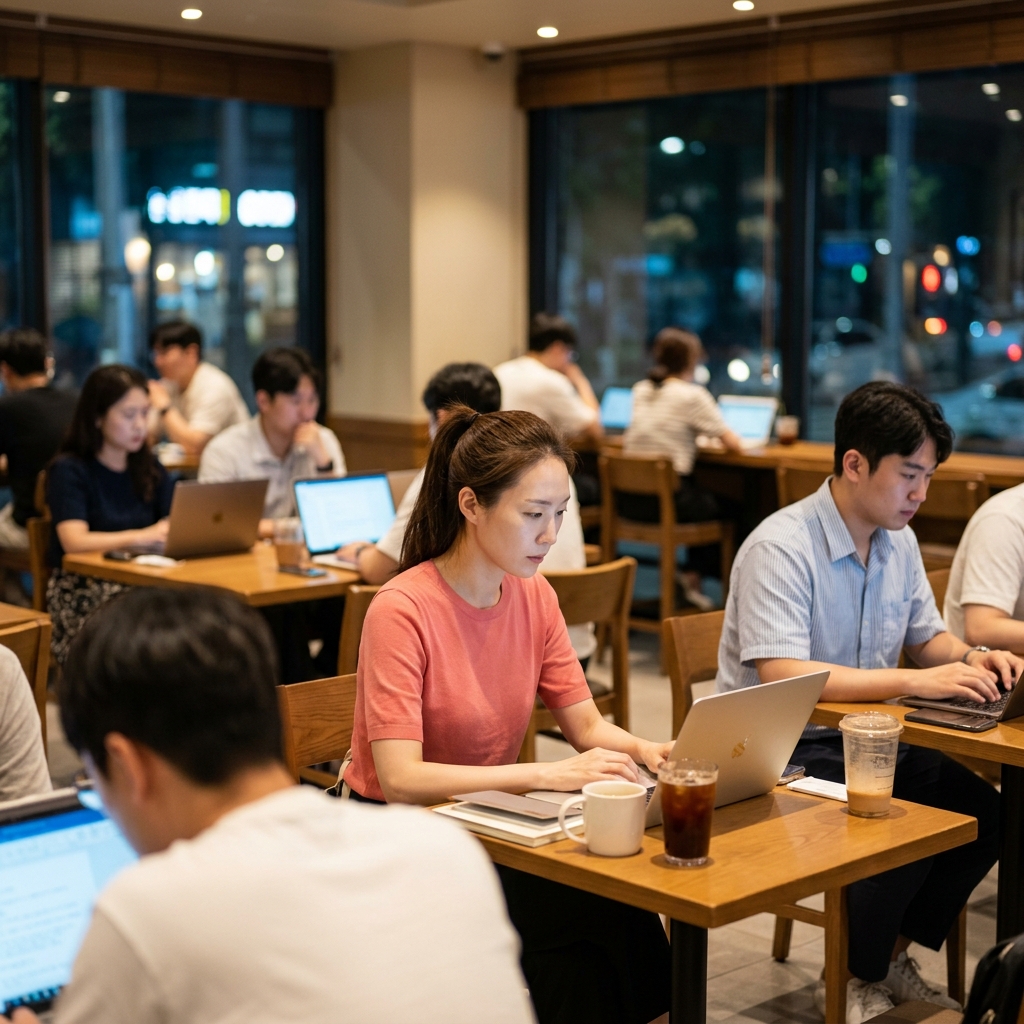 카페에서 노트북을 펼쳐놓고 늦게까지 작업하는 사람들