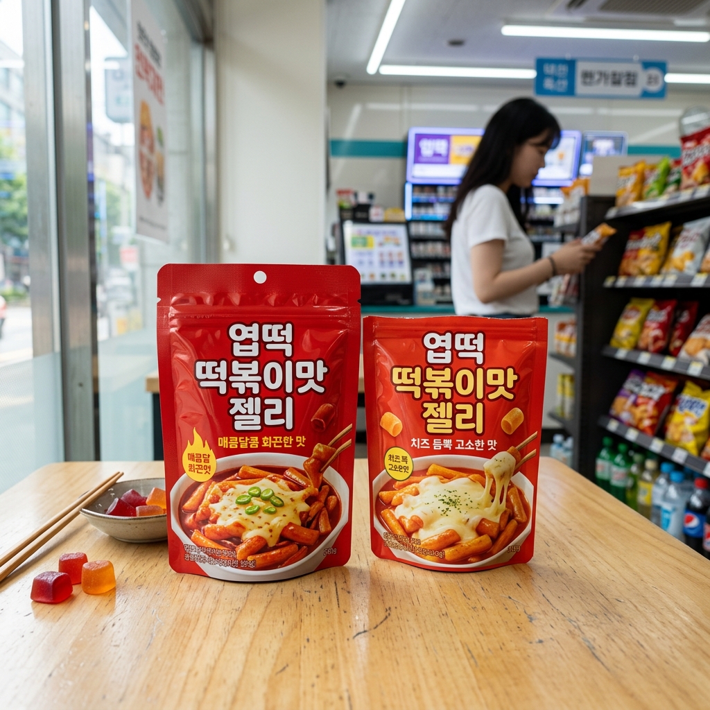 빨간 패키지에 담긴 엽떡 떡볶이맛 젤리 2종이 나란히 놓인 모습