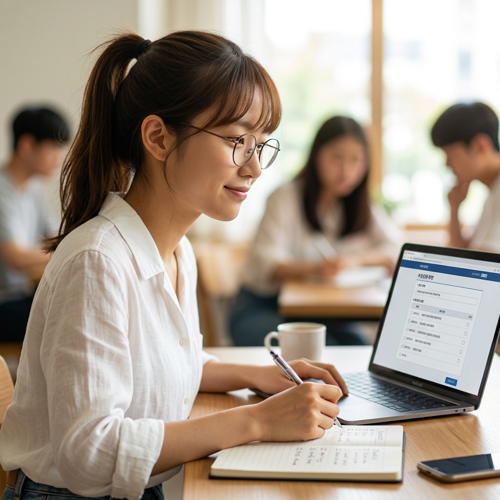 노트북 앞에서 수강신청 화면을 보며 체크리스트를 정리하고 있는 한국인 대학 신입생의 모습