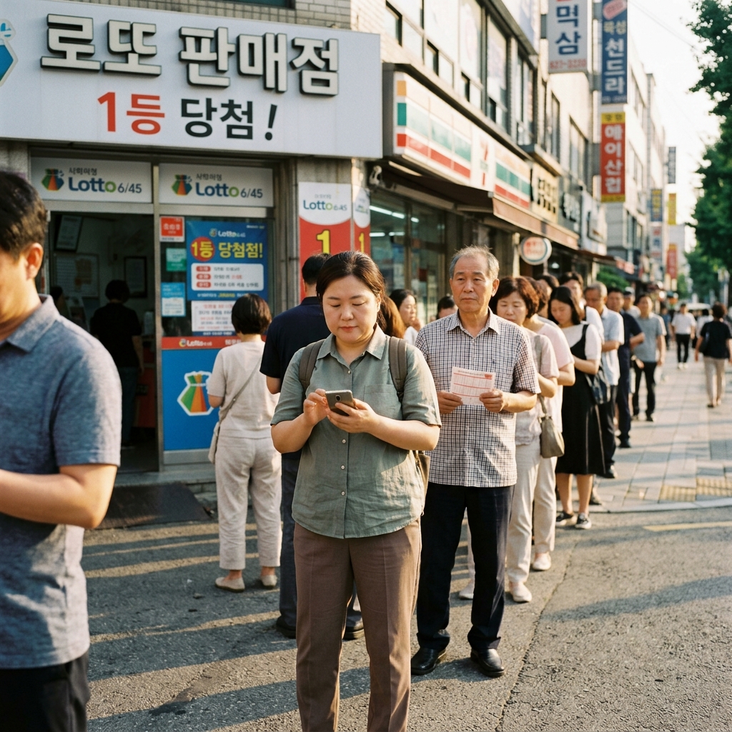로또 판매점 앞에 줄 서 있는 사람들의 모습