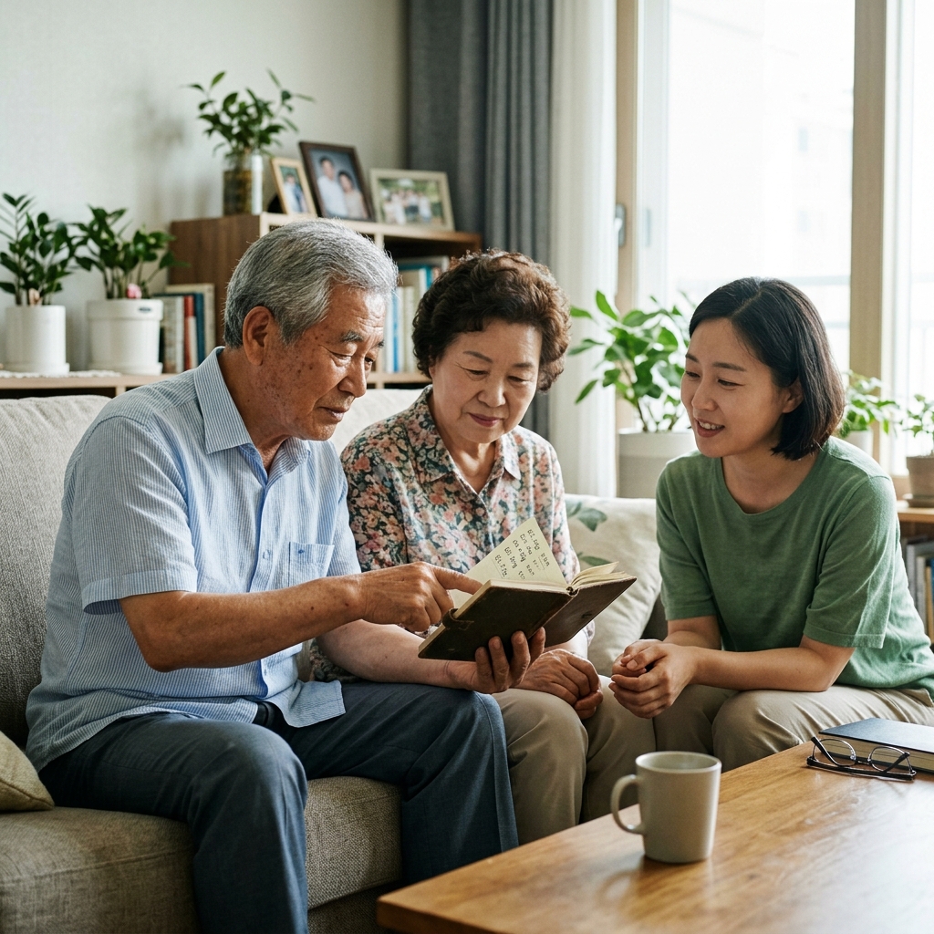 70대 부모님이 거실 소파에 앉아 딸과 함께 최근 몸무게 변화를 적은 수첩을 보며 이야기 나누는 장면, 자연광, 한국인 중장년 외형, 실내 배경
