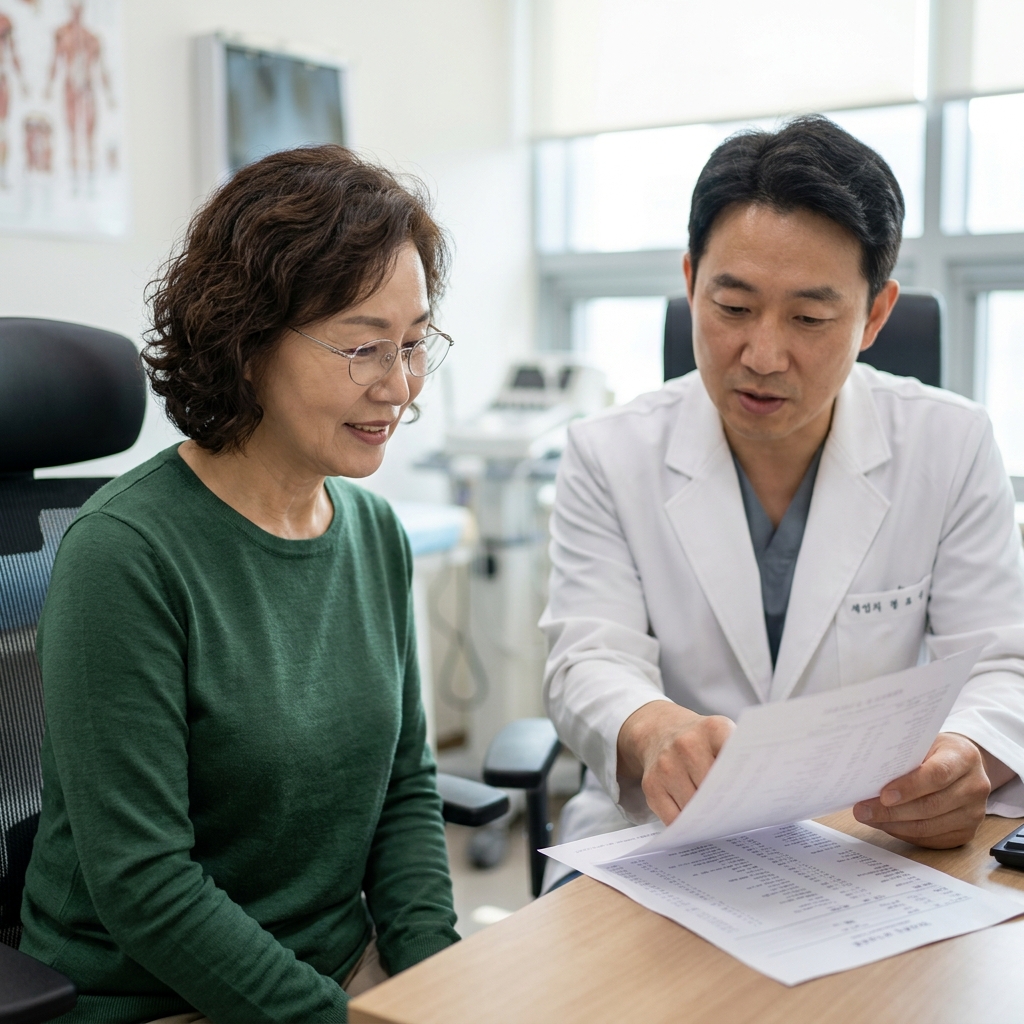 40대 중반 한국인 여성이 병원 진료실에서 의사와 마주 앉아 검사 결과지를 함께 보는 장면, 자연광, 긴팔 가디건