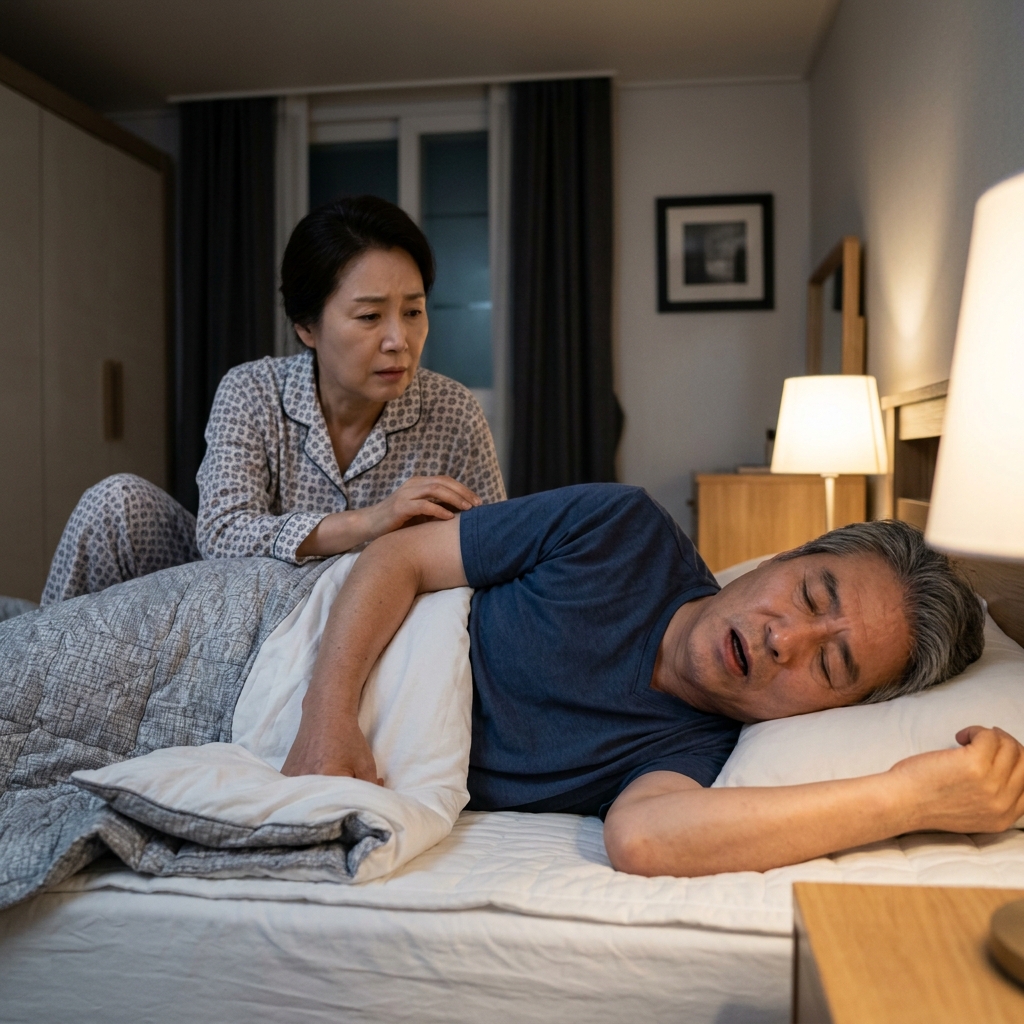 60대 남성이 침대에 누워 코를 골며 자고 있는 모습, 옆에서 배우자가 걱정스러운 표정으로 지켜보는 장면