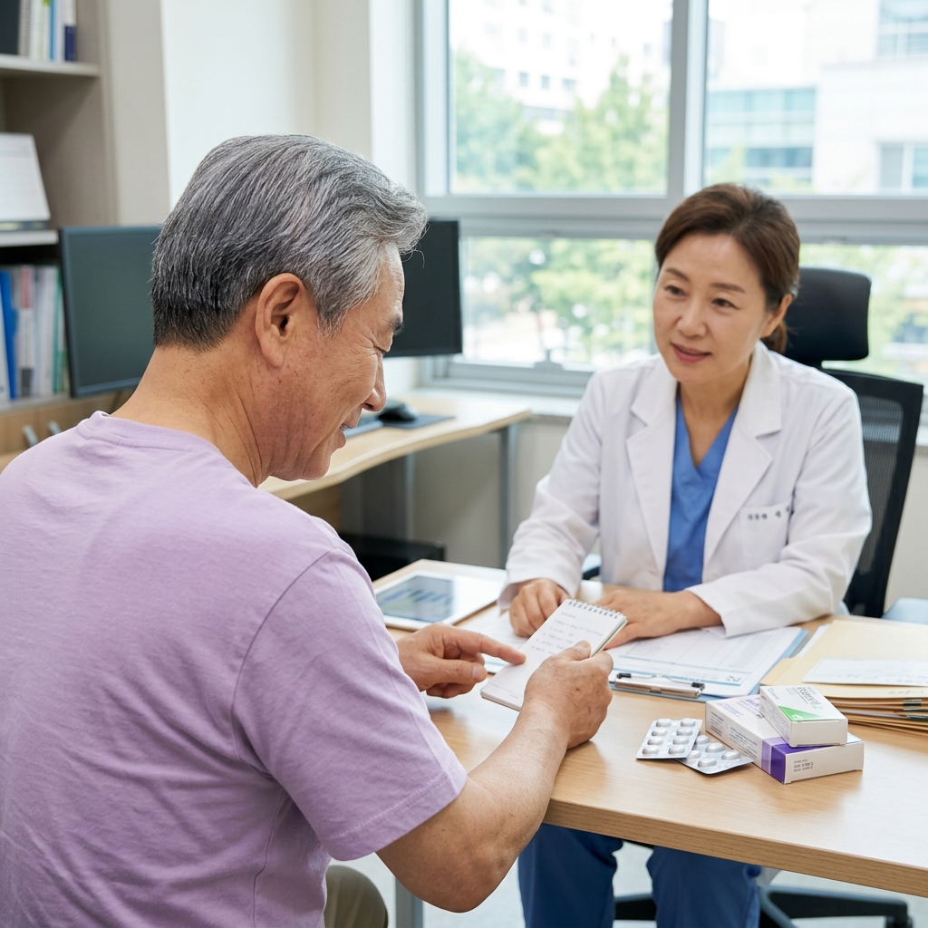 70대 남성이 병원 진료실에서 의사와 마주 앉아 메모지를 보며 상담하는 장면, 책상 위에 복용 약 목록이 놓여 있는 모습
