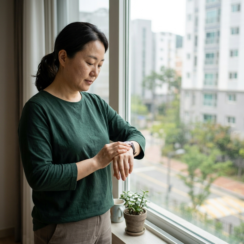 40대 중반 여성이 손목시계를 보며 창가에 서 있는 모습, 부드러운 실내 조명, 긴팔 블라우스