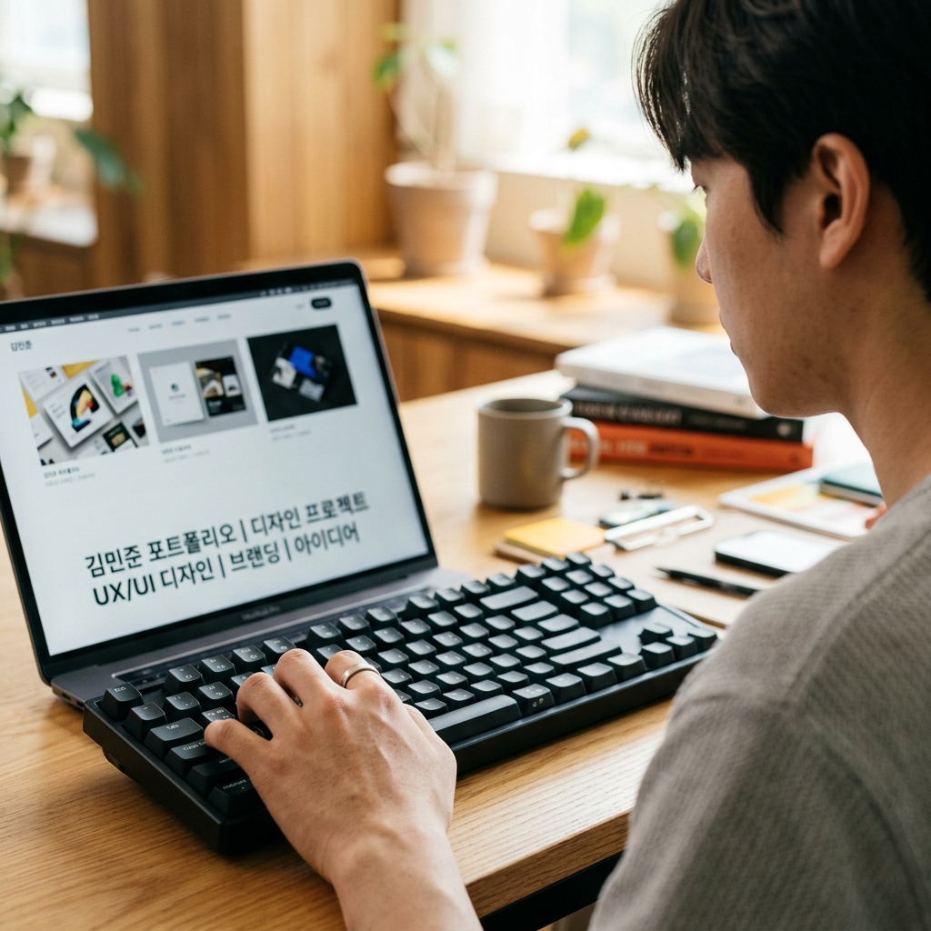포트폴리오 화면과 키보드 위에 놓인 손의 근접 장면