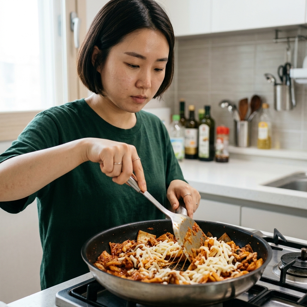 김치를 볶고 치즈를 녹이는 조리 과정