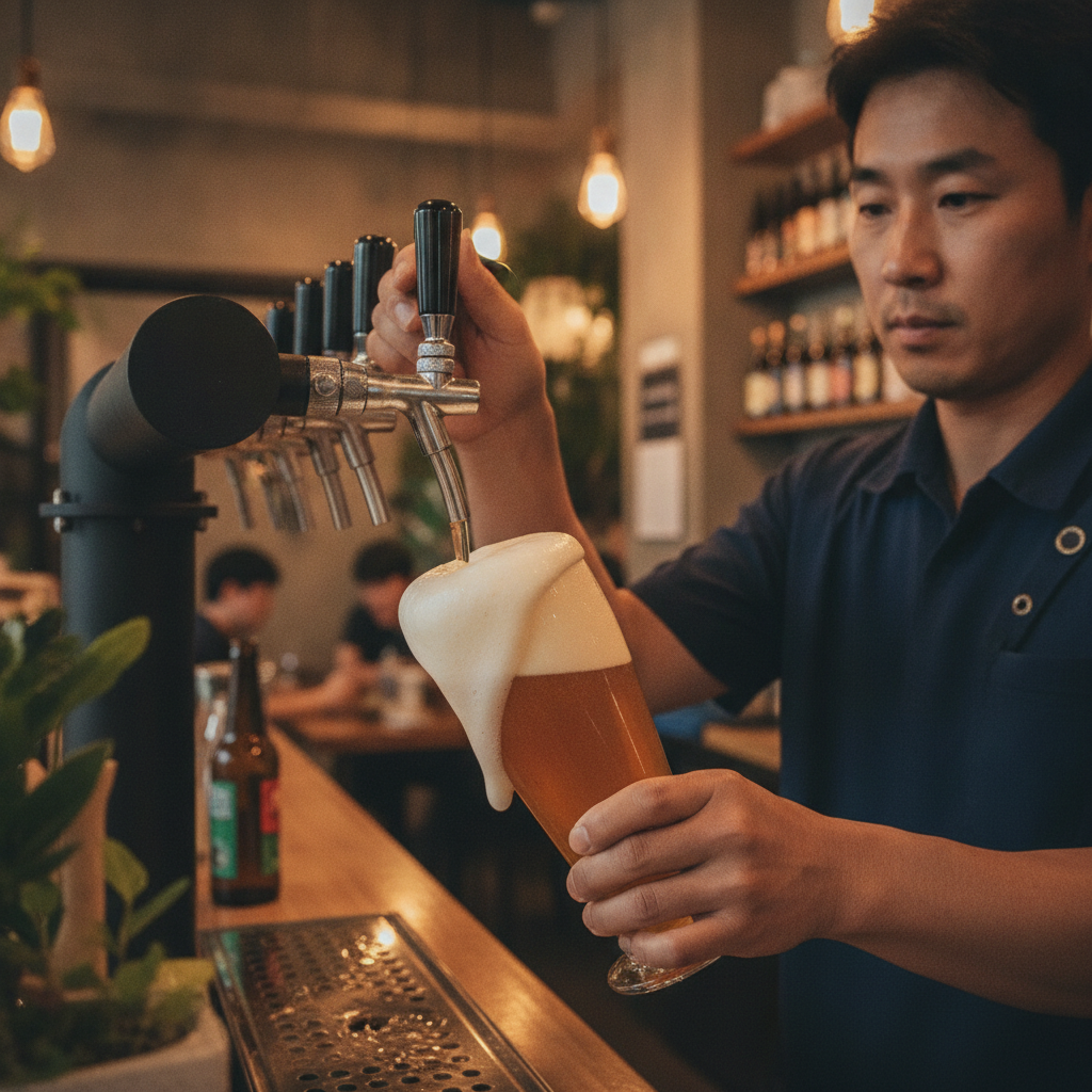 맥주 디스펜서에서 생맥주가 따라지는 장면, 크리미한 거품이 컵 위에 쌓이는 모습