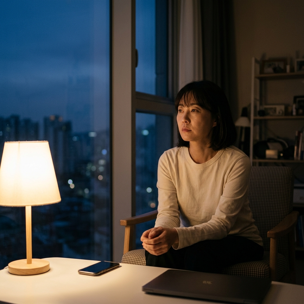 어두운 새벽, 창가에 앉아 생각에 잠긴 사람의 모습