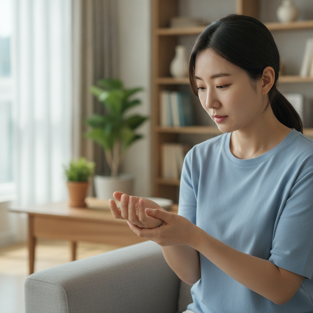 부상 부위를 가볍게 감싸 쥐고 있는 손