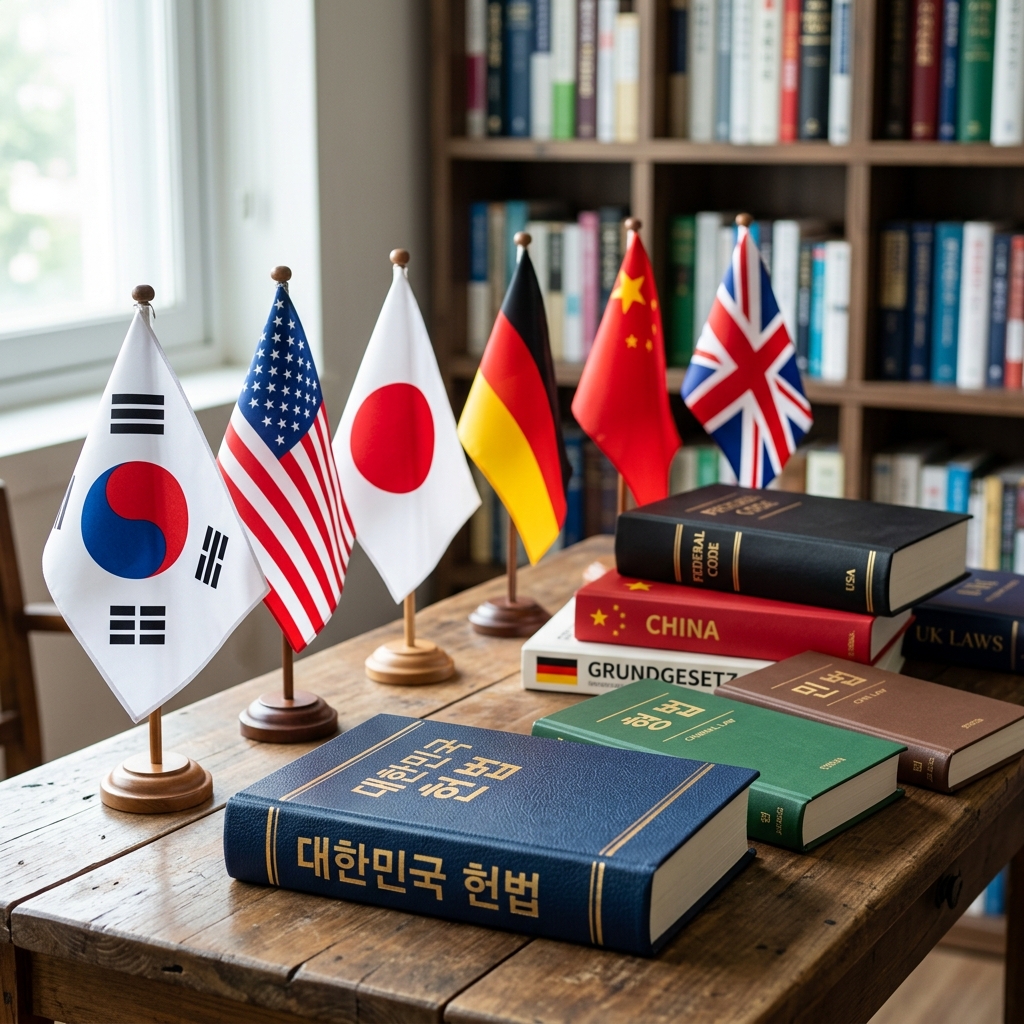 세계 여러 국가의 법전과 국기가 함께 놓인 모습
