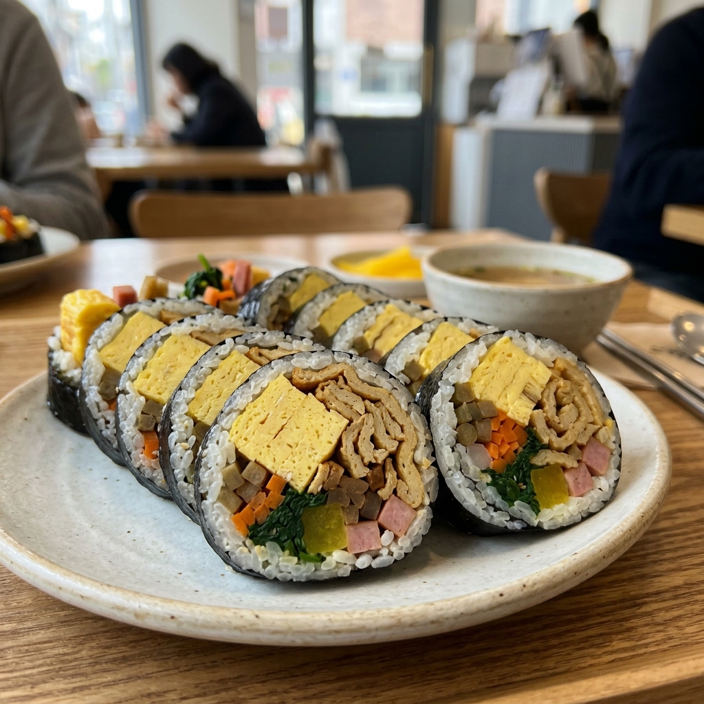 김밥 단면에 지단과 어묵이 가득 보이는 장면