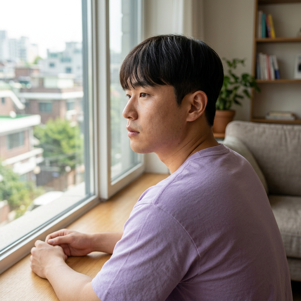 창가에 혼자 앉아 생각에 잠긴 차분한 표정의 한국인 성인