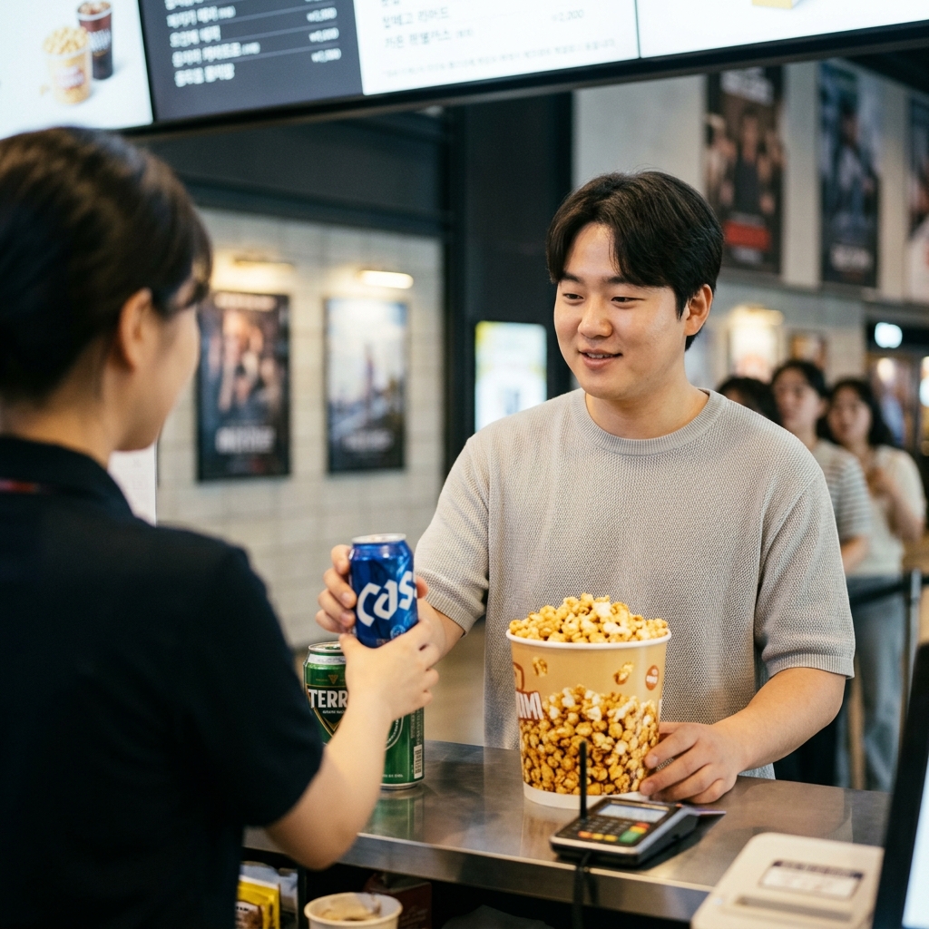 영화관 매점에서 맥주와 팝콘을 구매하는 모습