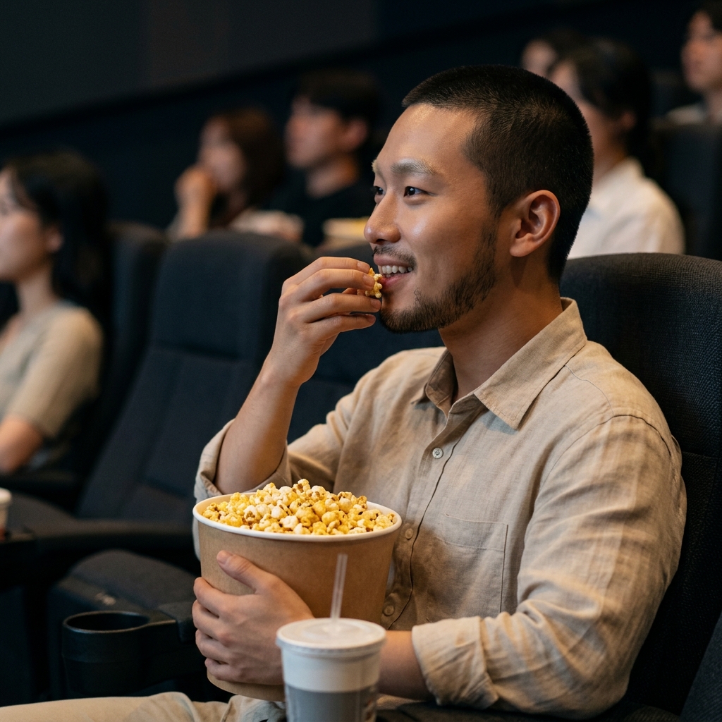 영화관 좌석에서 팝콘과 음료를 즐기는 관객
