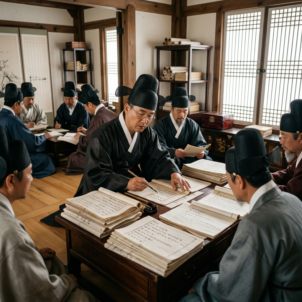 조선시대 관청 풍경과 관리들이 문서를 검토하는 장면