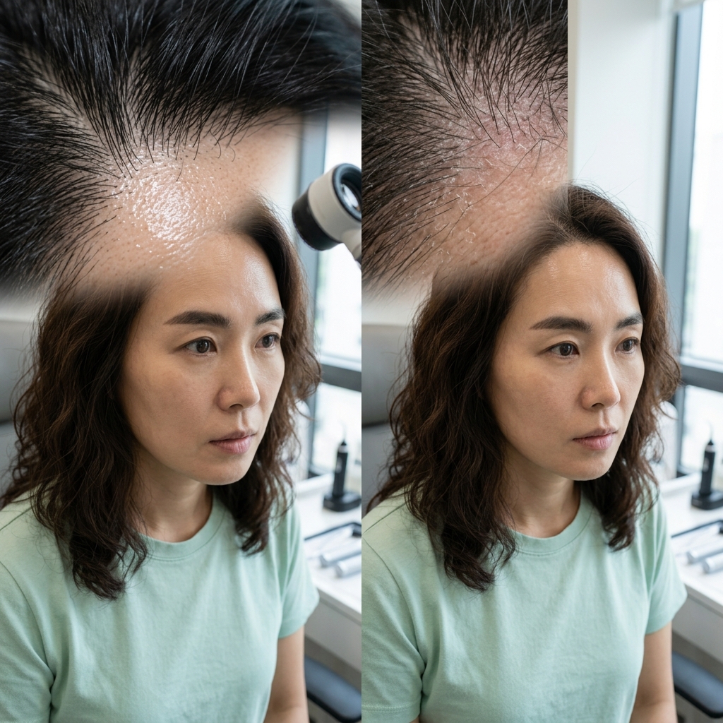 두피를 확대해서 보여주는 장면, 건강한 두피와 건조한 두피 비교