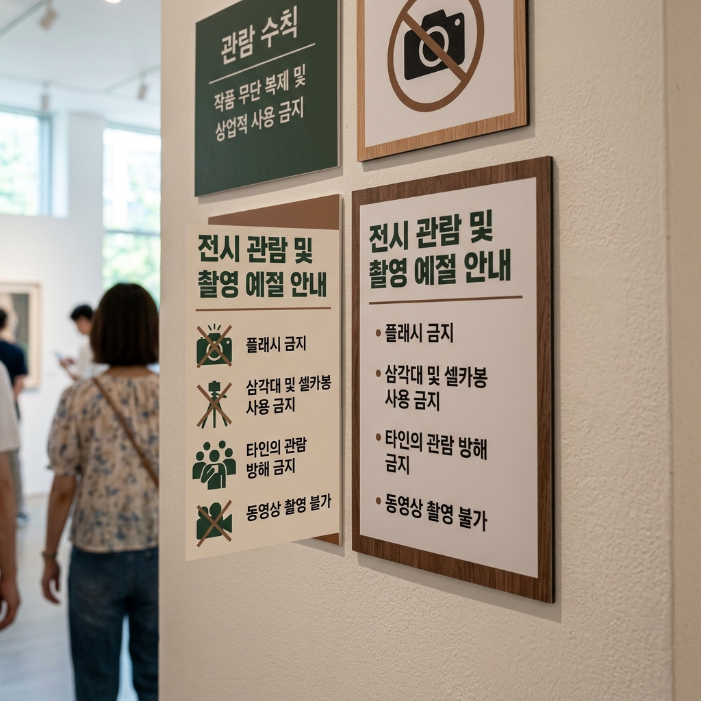 전시장 벽면에 붙은 촬영 예절 안내문과 규칙 표지판