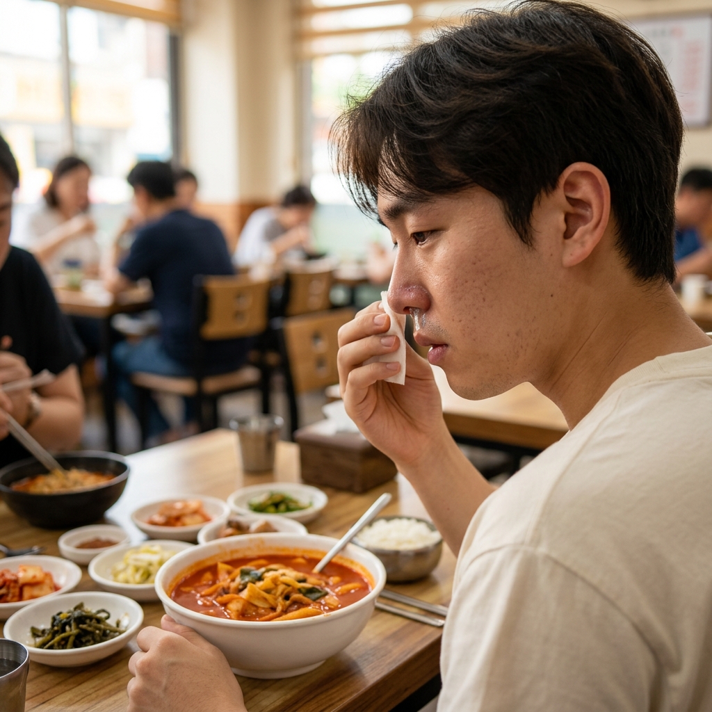 매운 음식을 먹으며 콧물을 흘리는 사람의 모습
