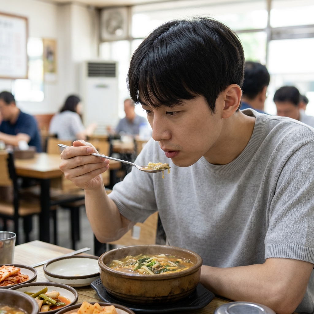 뜨거운 국물 요리를 먹는 장면