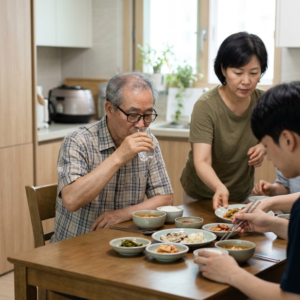 70대 아버지가 식탁에서 식사 전 물 한 잔을 천천히 마시는 모습, 가족이 함께 앉아 있는 점심 식사 준비 장면